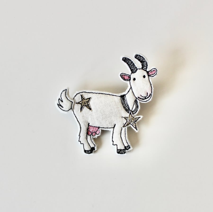 'Happy Goat with Stars' - Handmade Brooch