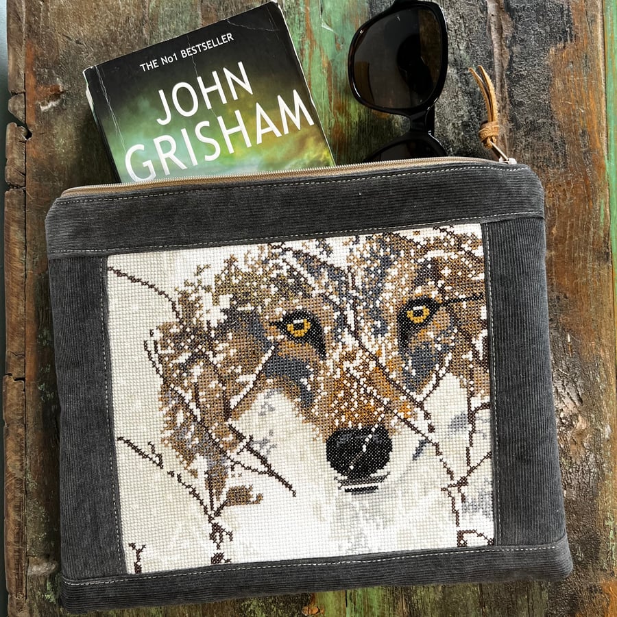 Wolf repurposed cross stitch zip pouch with corduroy back