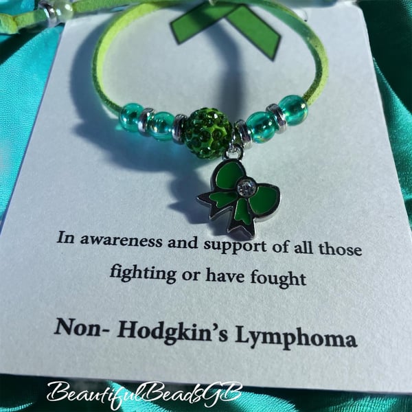 Non Hodgkin’s lymphoma awareness suede effect corded bracelet green ribbon 