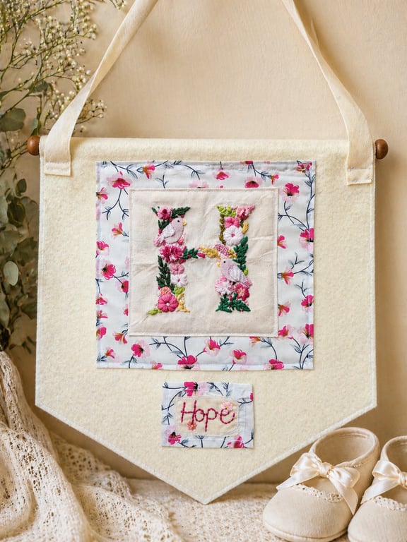 Bespoke Hand Embroidered Monogram Banner - Heirloom Christening & New Baby Gift