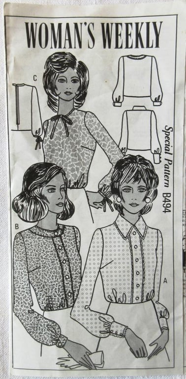A vintage sewing pattern for a woman's blouse in 3 styles and size 18 