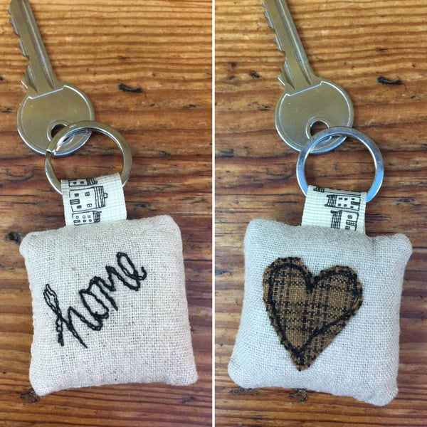 Home and heart key ring - linen, checked fabric & lavender filled
