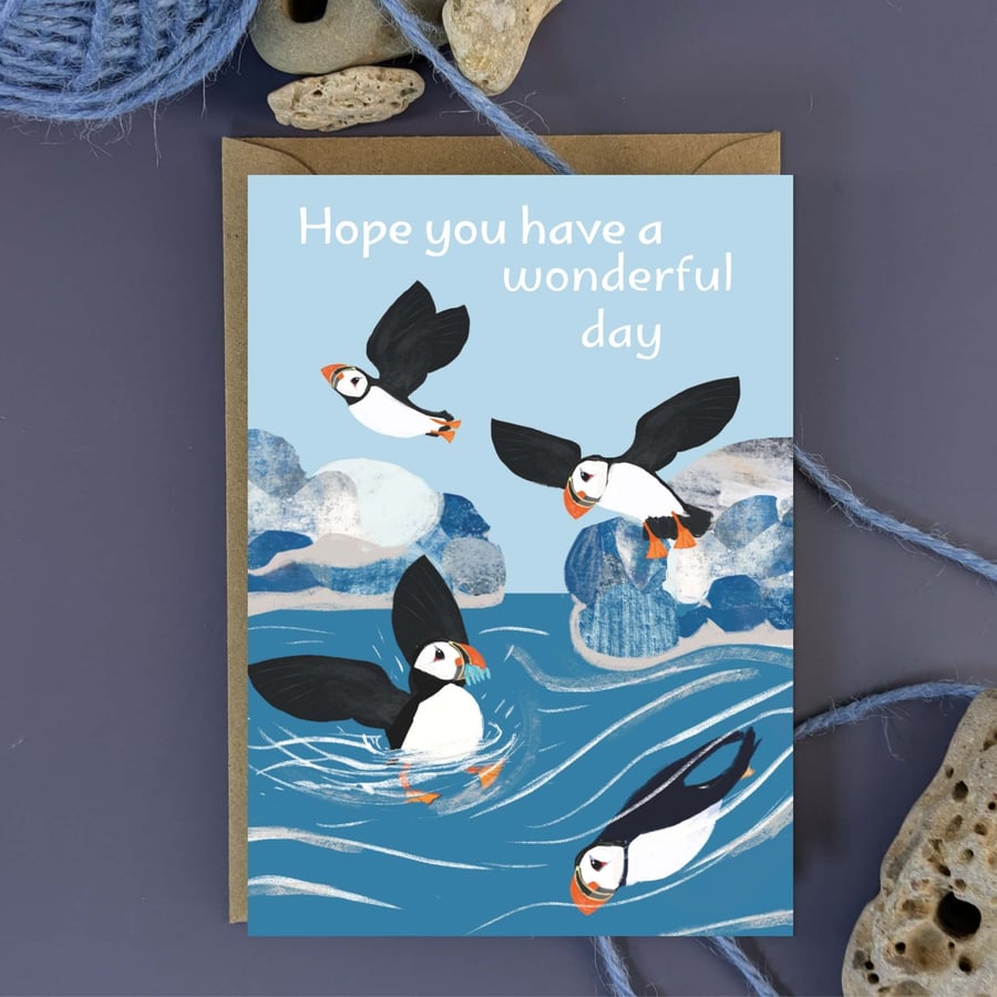 Birthday Card Puffin coastal blank inside