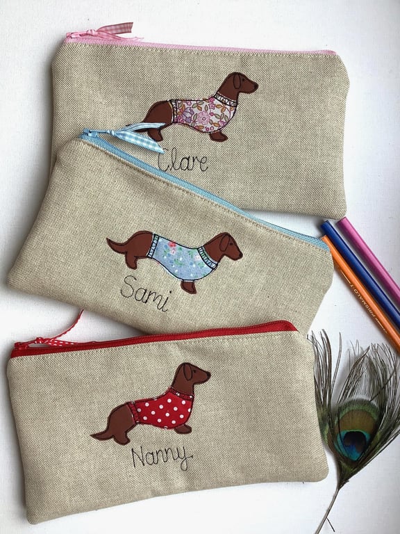Dachshund Sausage Dog Cosmetic Bag - Personalised Makeup Pouch - Dog lover gift