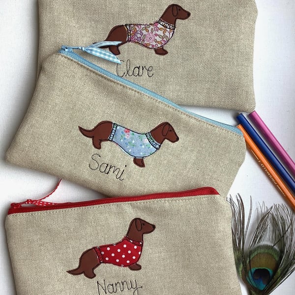 Dachshund Sausage Dog Cosmetic Bag - Personalised Makeup Pouch - Dog lover gift