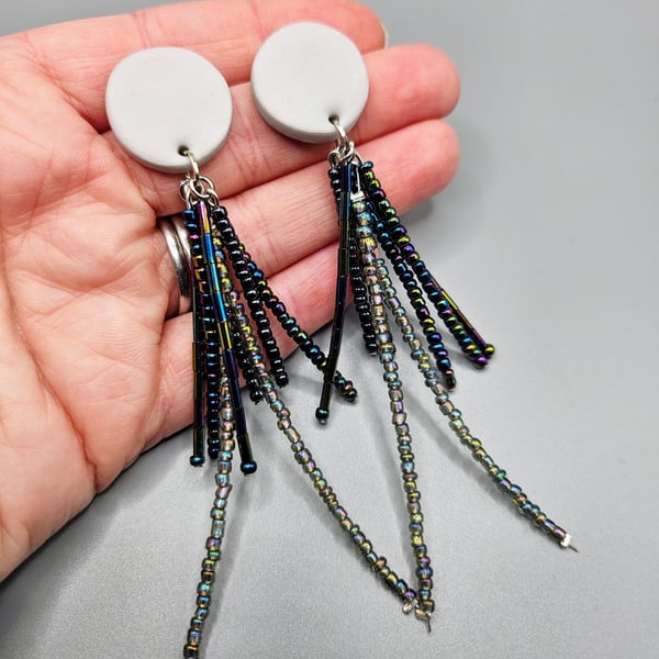 Statement silver polymer clay and beaded dangle earrings