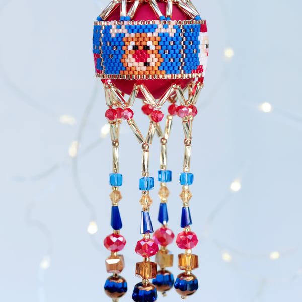 Beaded Christmas Bauble Kits - Festive Heads - Red, Gold and Cyan Blue