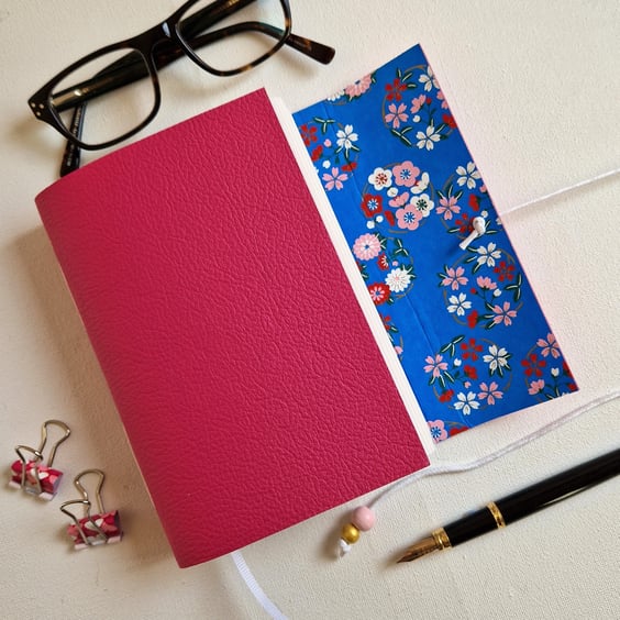 Daisy Journal, Notebook or Sketchbook, Pink Leather, Lined with Chiyogami Paper
