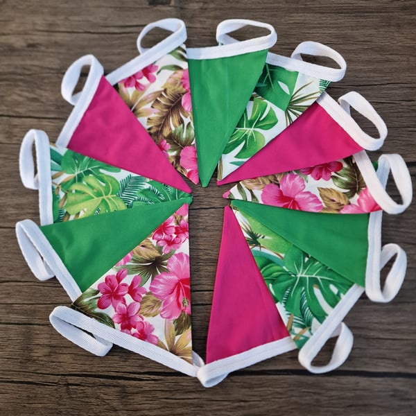 Pink & Green Tropical Leaf Double sided fabric bunting