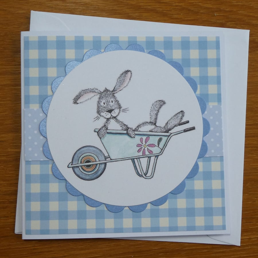Blank Card - Rabbit in Wheelbarrow - New Baby, Easter, Birthday, Get Well