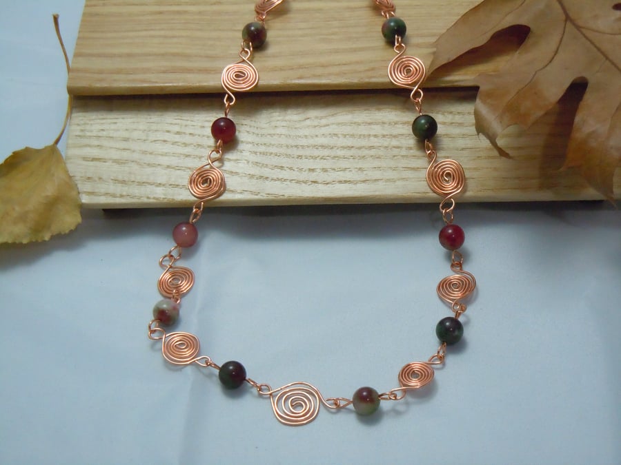 Copper Spirals necklace  with Tourmaline beads
