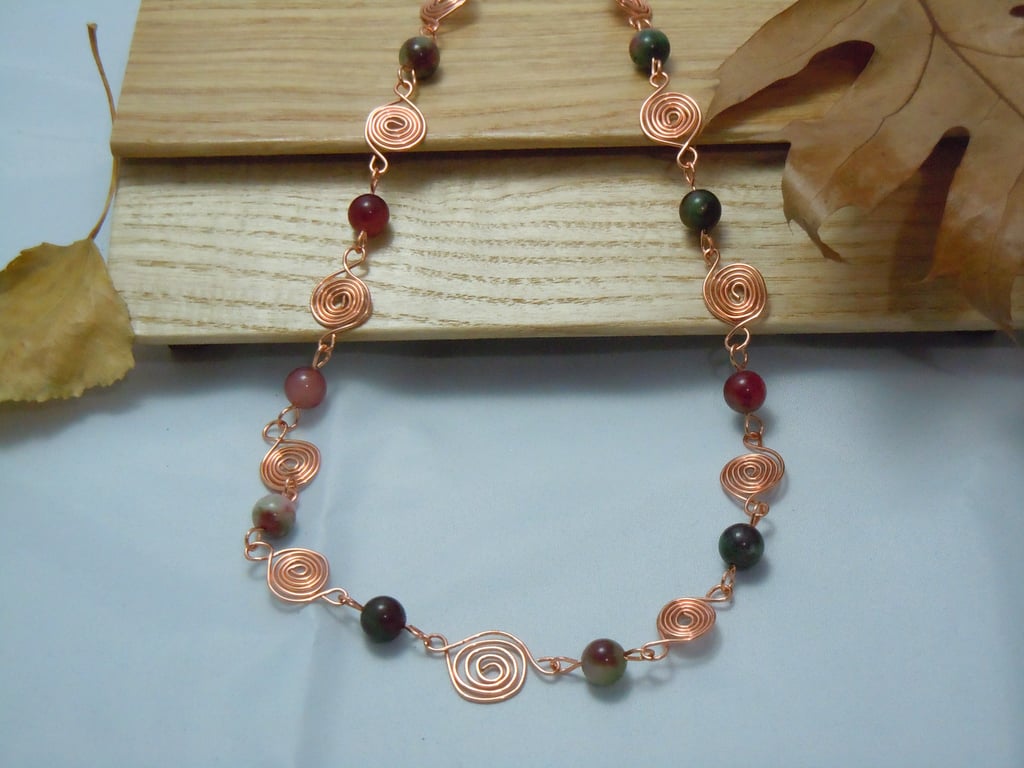 Copper Spirals necklace  with Tourmaline beads