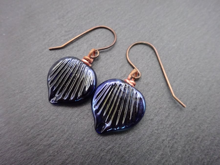 lampwork glass leaf earrings, copper jewellery