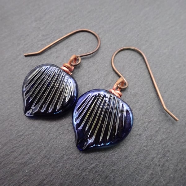lampwork glass leaf earrings, copper jewellery