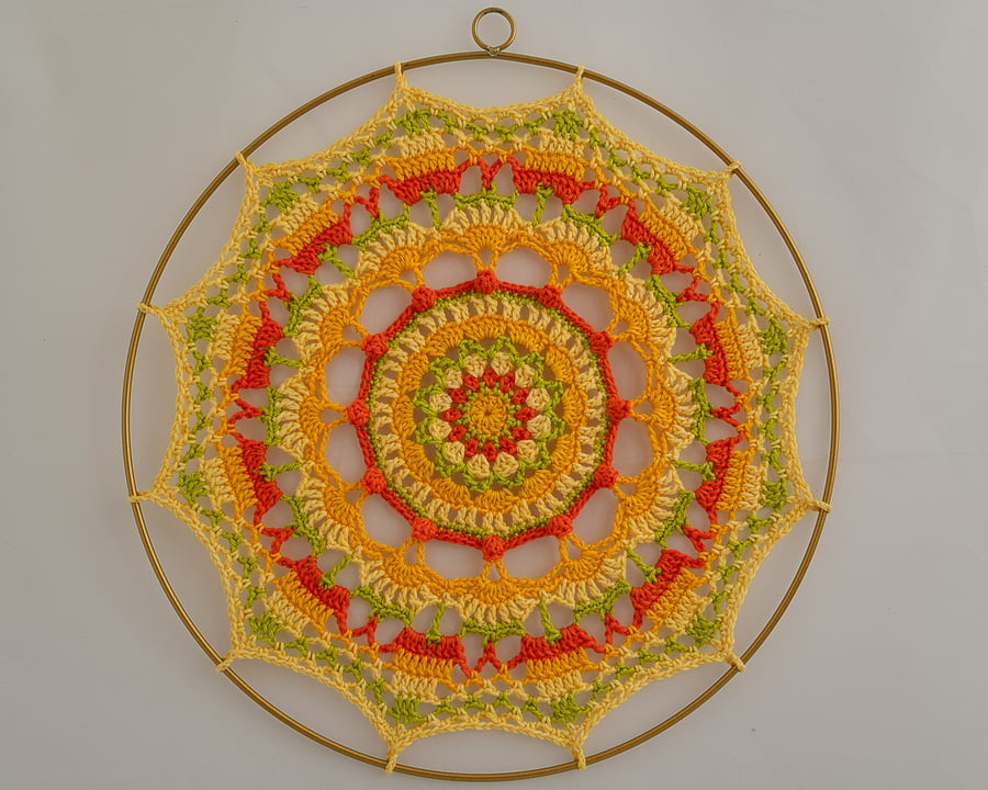 Bright coloured crochet mandala wall hanging