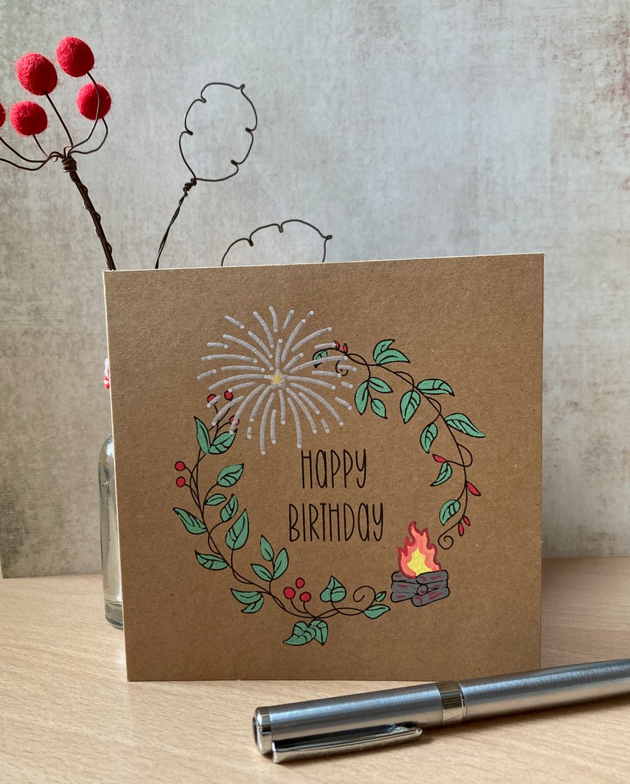 November Birthday - Hand painted birthday card - Bonfire and fireworks - brown