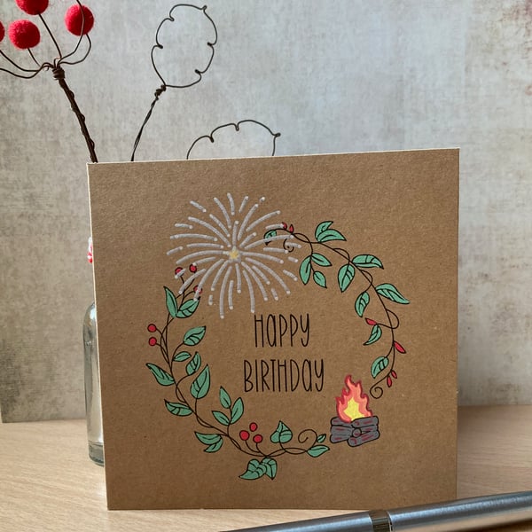 November Birthday - Hand painted birthday card - Bonfire and fireworks - brown