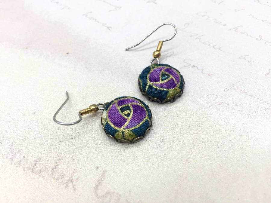 Purple Art Nouveau style Rose fabric button dangle earrings