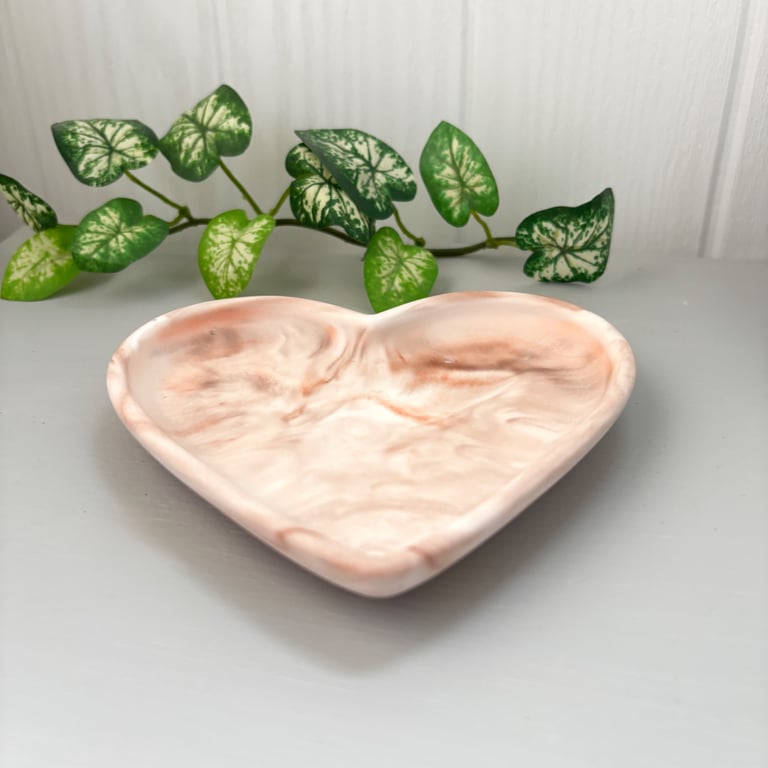 Blush Pink Marbled Heart Trinket Dish - Handmade Resin Jewellery Tray