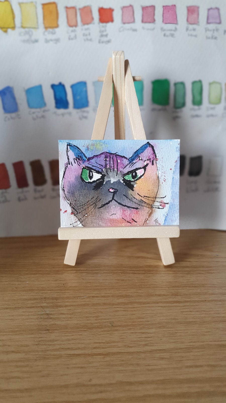 Cat ATC card miniature watercolour artwork approx 3.5" x 2.5 inches grumpy cat