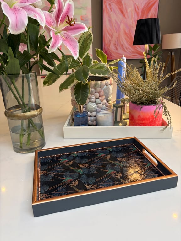 Dark Grey and Bronze botanical birds tray 