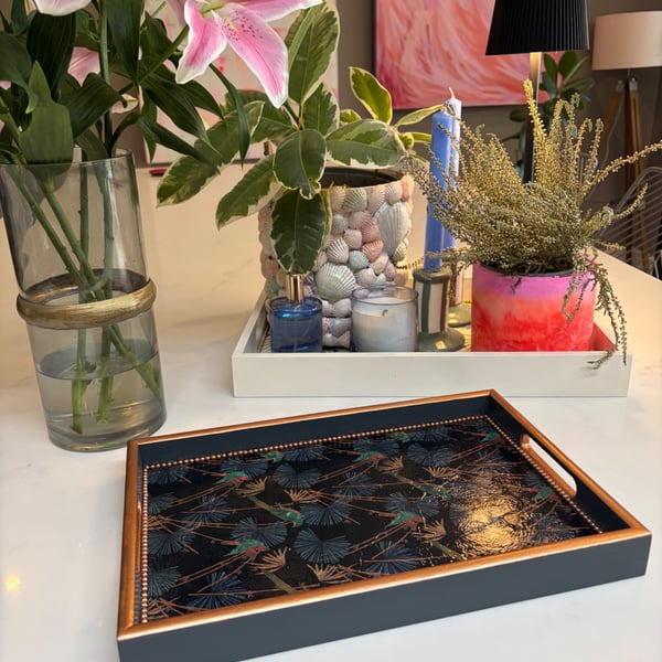 Dark Grey and Bronze botanical birds tray 