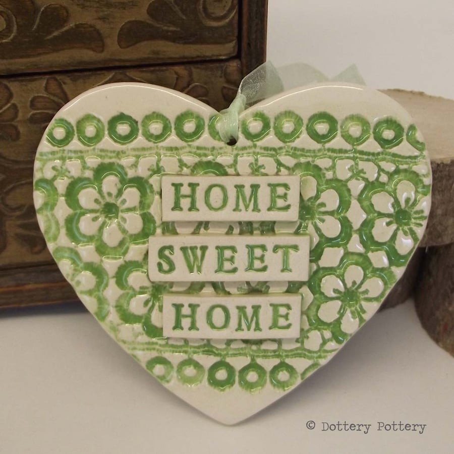 Ceramic heart hanging decoration Pottery Heart  Home Sweet Home Flower pattern