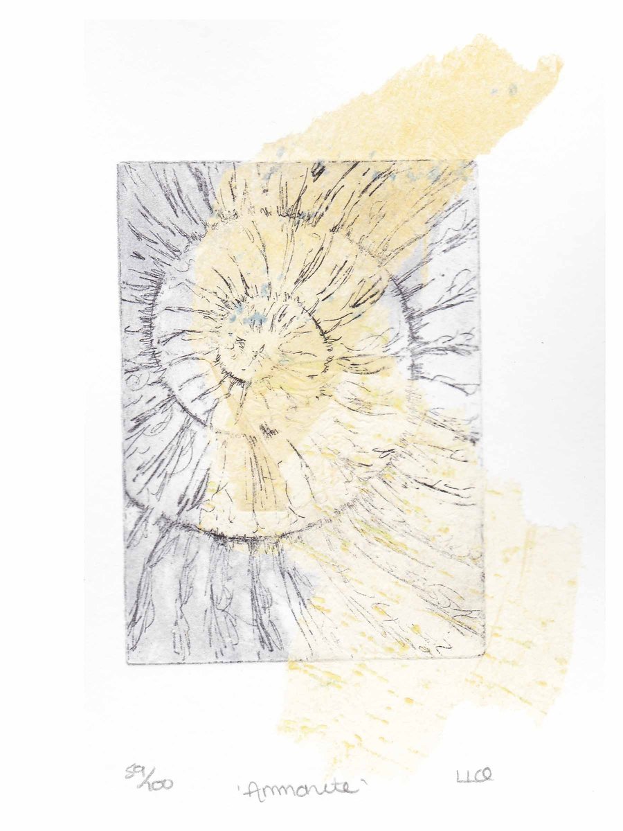 Etching no.59 of an ammonite fossil with chine colle in an edition of 100