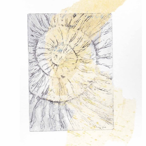 Etching no.59 of an ammonite fossil with chine colle in an edition of 100