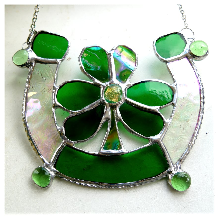 Good Luck Horseshoe Shamrock Stained Glass Suncatcher 004