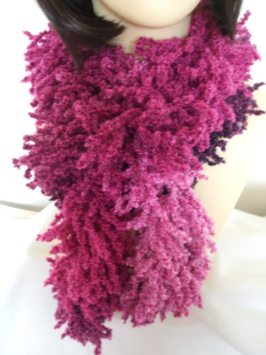 Knitted Shaggy Scarf in Cerise Pink and Purple