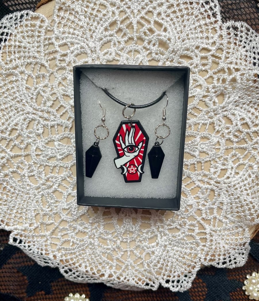 Gothic coffin necklace and earring set