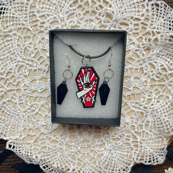 Gothic coffin necklace and earring set