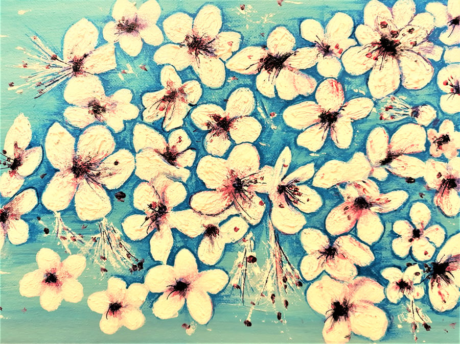 Original Cherry Blossom Painting, Floral Art on Canvas, A4 size, Unframed