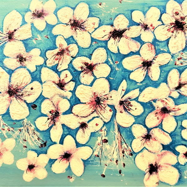 Original Cherry Blossom Painting, Floral Art on Canvas, A4 size, Unframed