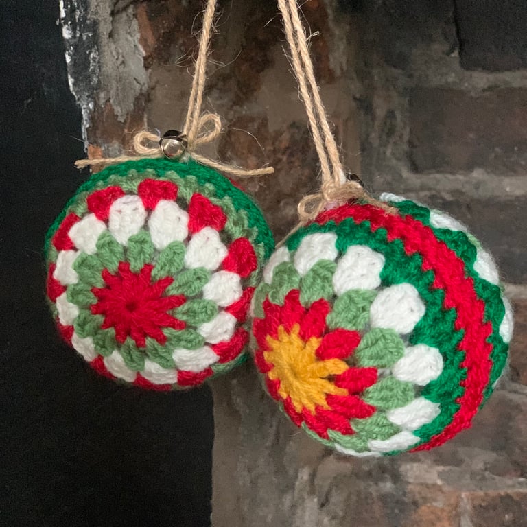 Crochet baubles, set of two large granny square crochet baubles tree decoration 