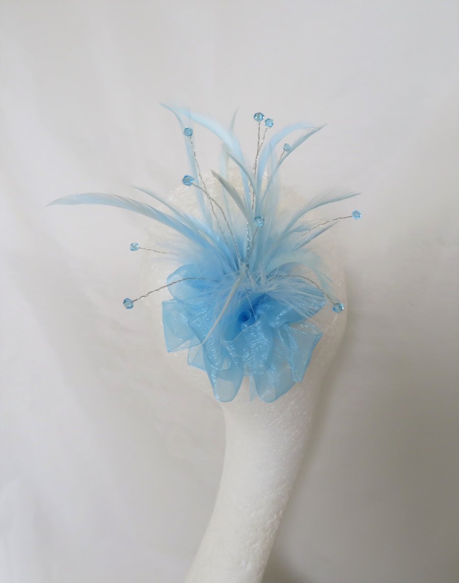 Pale Sky Blue & Silver Organza Bow Feather & Crystal Fascinator 