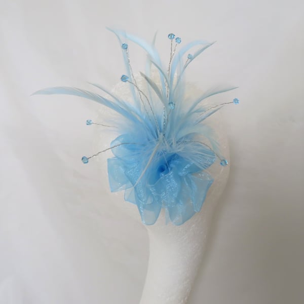 Pale Sky Blue & Silver Organza Bow Feather & Crystal Fascinator 