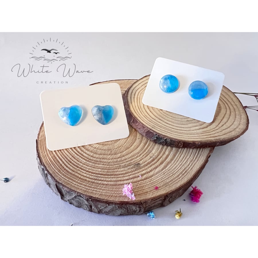 Handmade resin stud earrings - heart or circle studs in blue