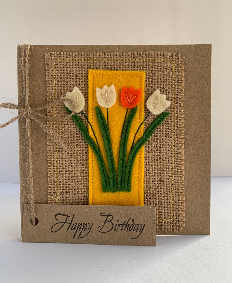Handmade Birthday card. Cream and orange flowers from wool felt. 