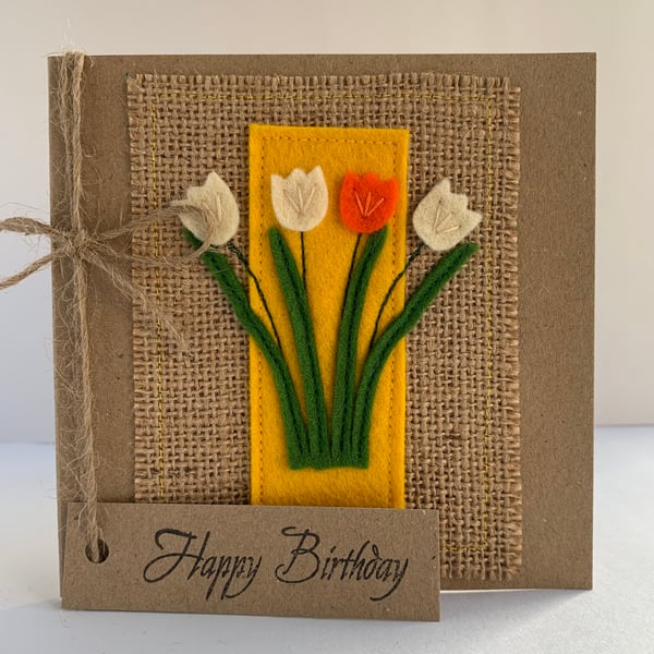 Handmade Birthday card. Cream and orange flowers from wool felt. 