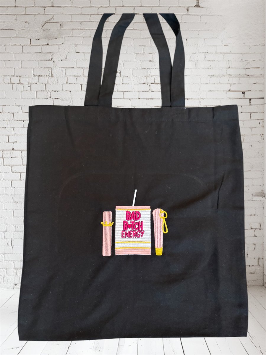 P Louise inspired tote bag in black Embroidered bad b