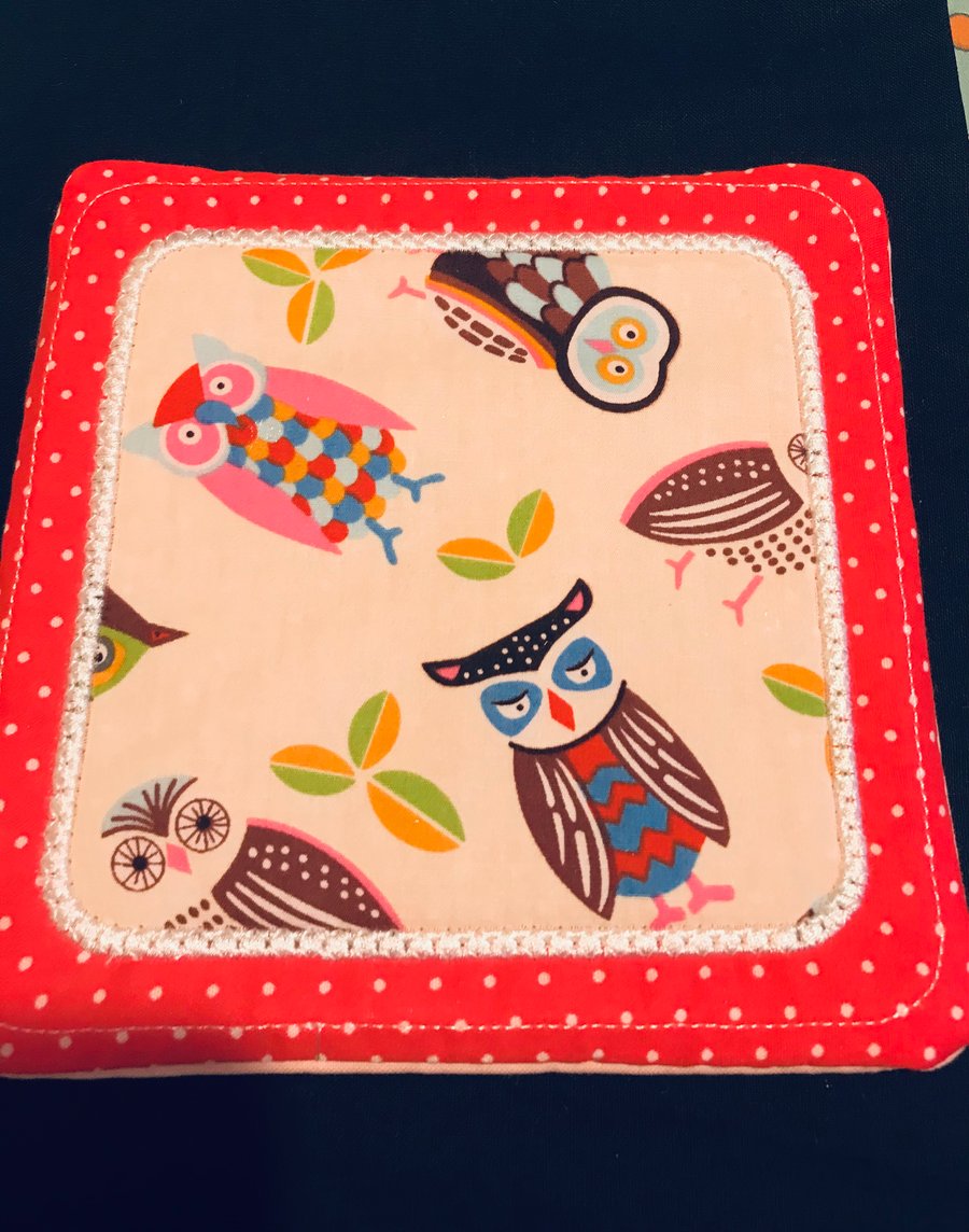 Large Quilted Mug Rug Coaster in Owl Fabric Perfect Coffee Table Mats 