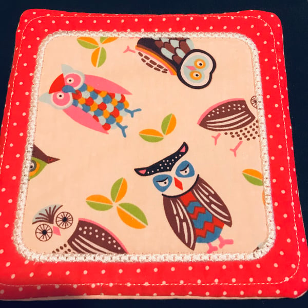 Large Quilted Mug Rug Coaster in Owl Fabric Perfect Coffee Table Mats 