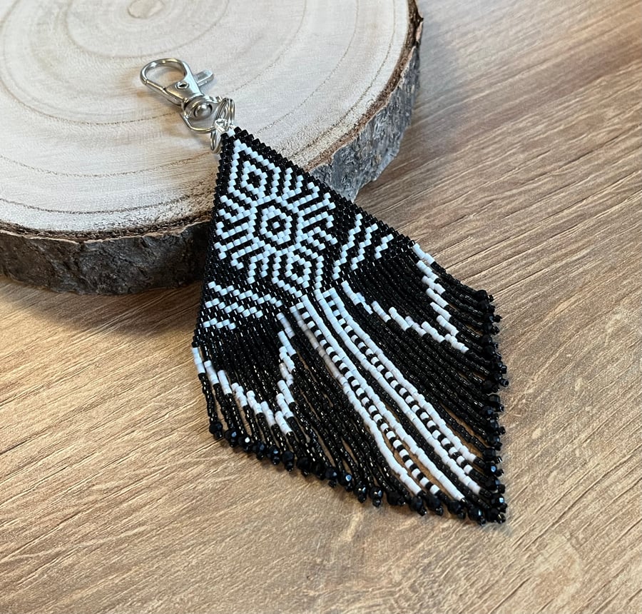 Native American inspired bead woven fringe bag charm