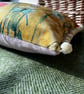 Yellow floral velvet cushion cover with blush pink cotton back and pompoms - Image 6