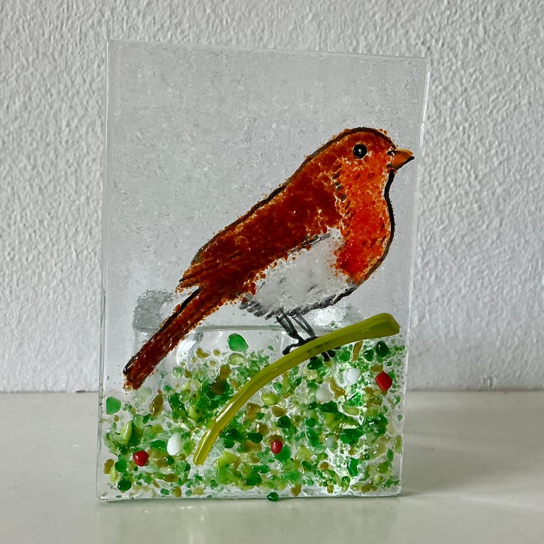 Fused glass tealight candle holder panel, Christmas robin