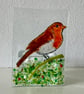 Fused glass tealight candle holder panel, Christmas robin