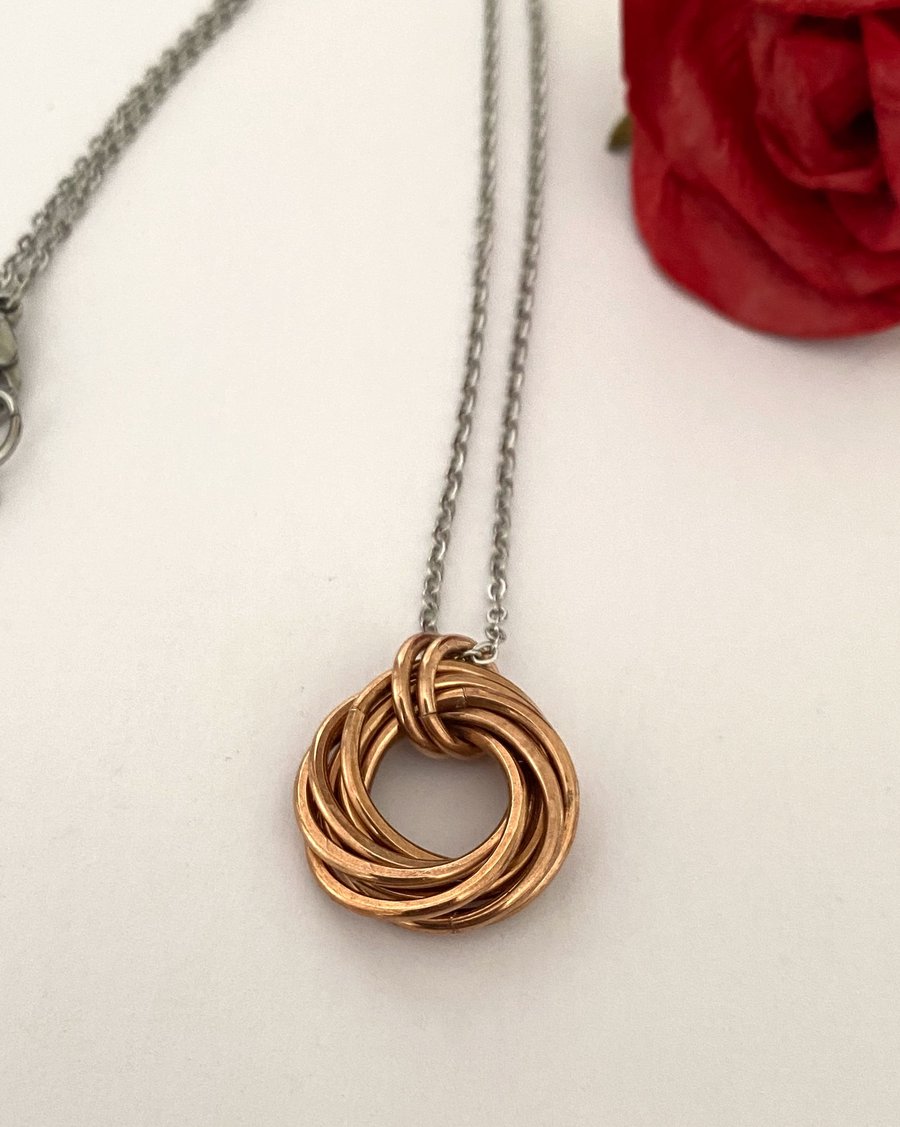 Hammered Pure Bronze Mobius Eight Ring Necklace for 8th Anniversary Gift Idea 