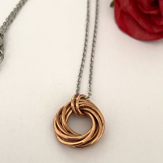 Hammered Pure Bronze Mobius Eight Ring Necklace for 8th Anniversary Gift Idea 
